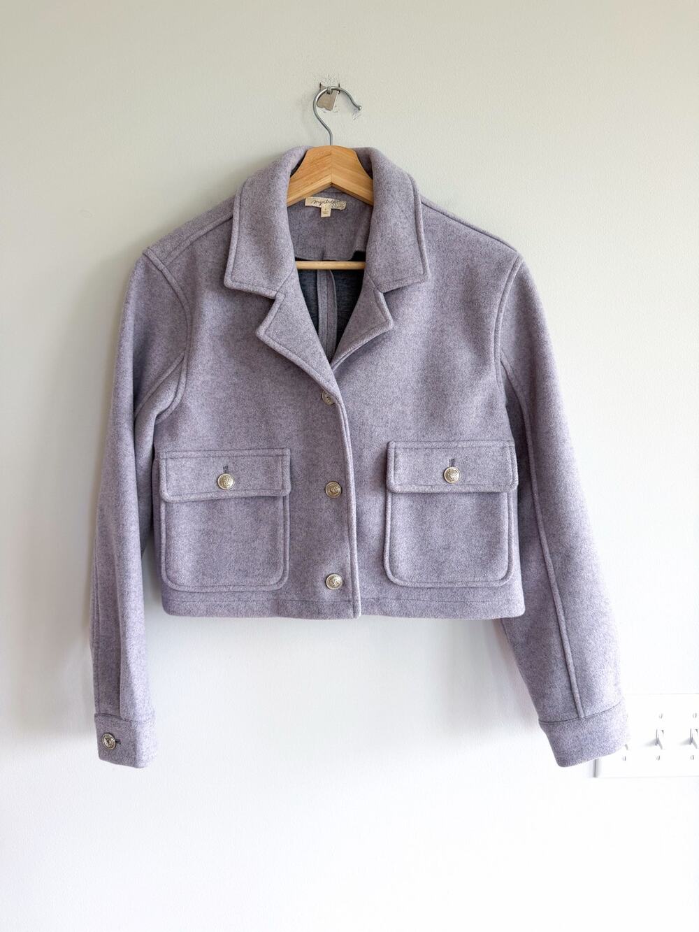 Mystree Notch Lapel Button Front Cropped Jacket Purple S